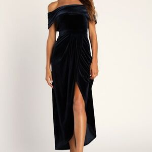 Lulus I'm Enchanted Navy Blue Velvet Off-the-shoulder Maxi Dress - Size 2X